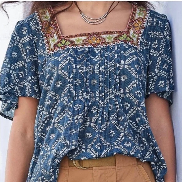 Sundance Outback Blue Beaded Embroidered Boho Top - Picture 2 of 7